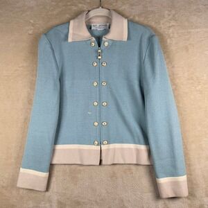 ST JOHN COLLECTION Blue Beige Knit Zip Front Blazer Jacket Women Size 8